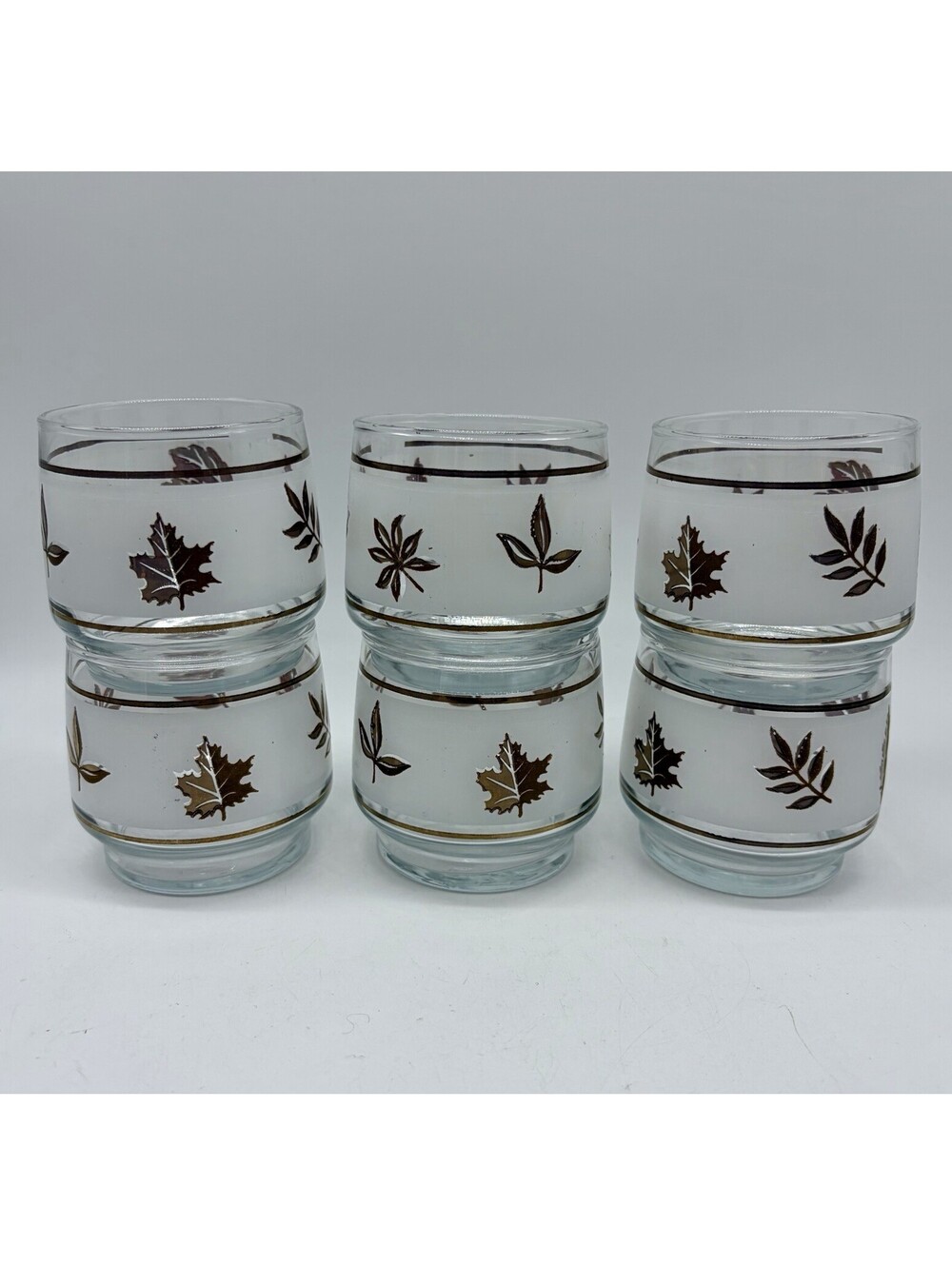 Vtg Golden Foliage Frosted Gold Leaf Cocktail Rocks Glasses Set 8 MCM Dominion
